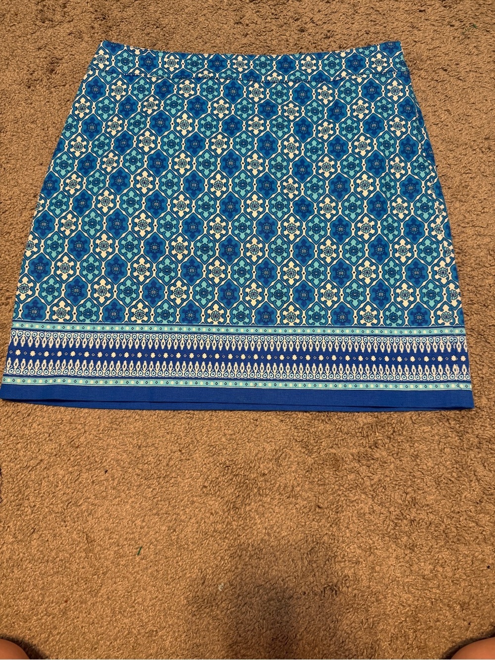 Talbots Blue Tile-Print Midi Skirt with Border Hem